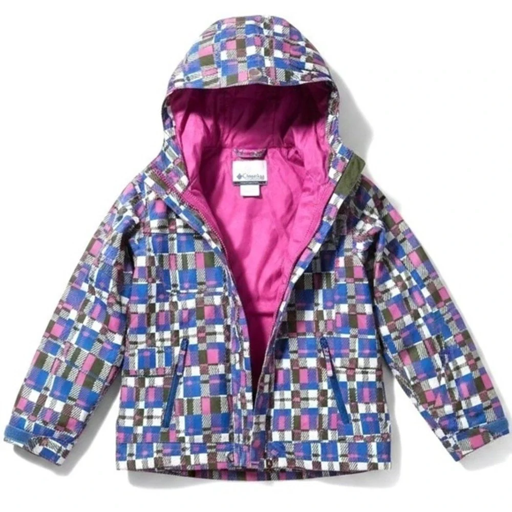 Columbia Youth Girls 10/12 Waterproof Rain Jacket Hooded Pink Blue Plaid SG 7424